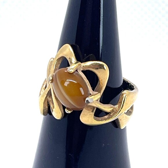 Tiger Eye VTG Art Nouveau 18KT HGE Gold Plate Ring Abstract MCM Retro Size 6.25 - Picture 1 of 11